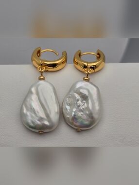 Isla Baroque Pearl Hoop Earrings 18K Gold Plated Irregular Pearl 1.5" Elegant